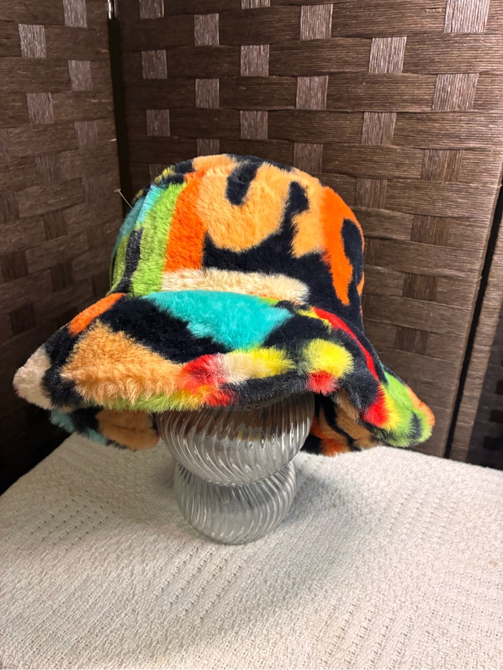Multicolor Fuzzy Bucket Hat - Bright Neon Pattern